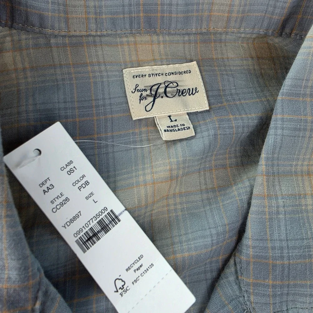 J.Crew NWT Mens Cotton Gauze Camp Collar Shirt Paul Dusty Blue Oat Plaid CC926 L